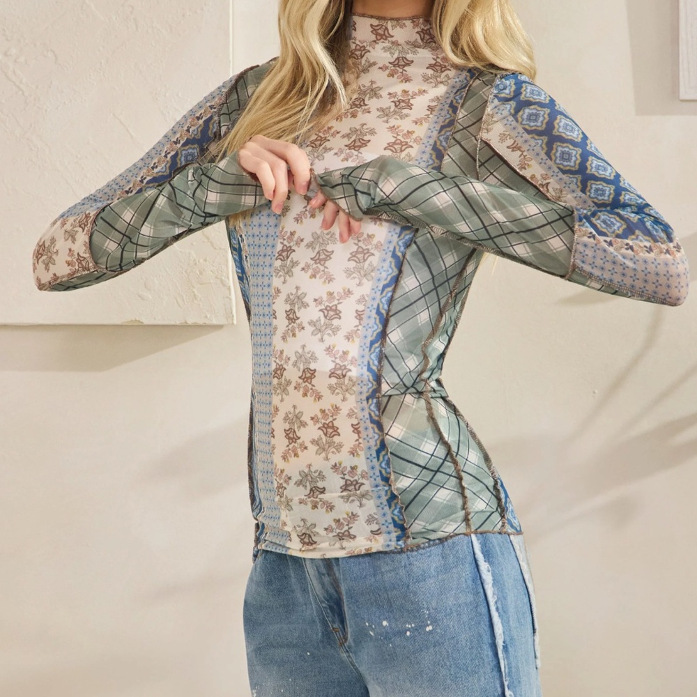 Oli & Hali Floral Print Semi Sheer Mock Neck Long sleeve Top - Picture 3 of 6